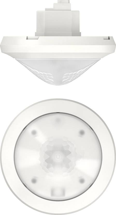 Czujnik ruchu, montowany na suficie, z zaokrągloną, przezroczystą osłoną i okrągłą podstawą.