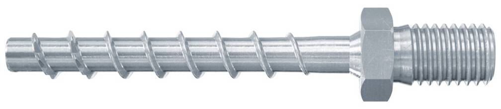 Metalowy adapter z żebrowanym trzpieniem po lewej stronie i gwintem po prawej stronie, odpowiedni do łączenia węży lub rur.