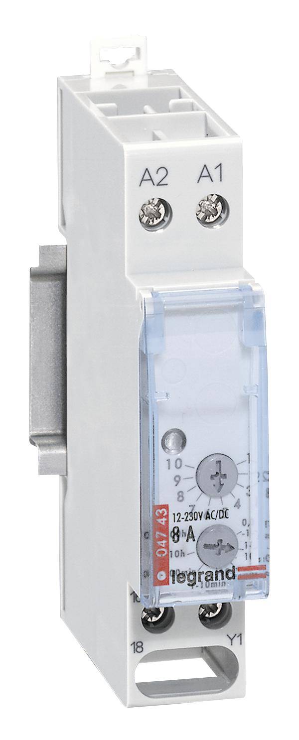 Biały przekaźnik czasowy z niebieską pokrywą, z oznaczeniami 'A1', 'A2' oraz '1B', 'Y1'. Nazwa producenta 'legrand' widoczna u dołu.