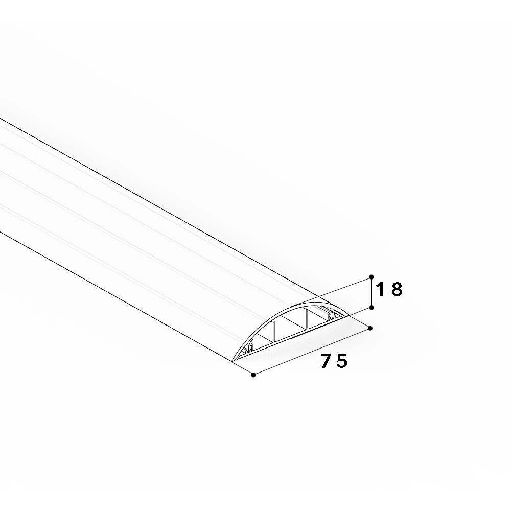 Aluminiowa listwa kablowa widziana z boku, wymiary: szerokość 75 mm, wysokość 18 mm. Idealna do osłony i organizacji przewodów.