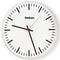 Biała analogowa zegar ścienny z czarnymi wskazówkami godzin i minut oraz czerwoną wskazówką sekund. Wskazuje godzinę dziesiątą i dziesięć minut.