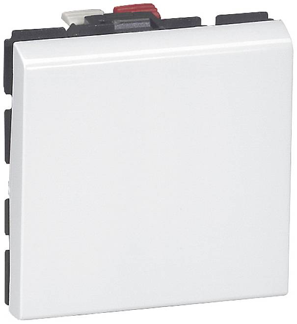 Biały, plastikowy przełącznik o kwadratowym kształcie i zaokrąglonych krawędziach, otoczony czarnymi i czerwonymi modułami przyłączeniowymi.