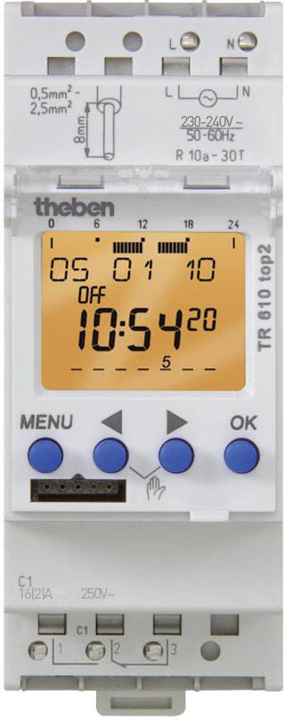 Cyfrowy zegar z timerem wyświetla godzinę '10:54' na pomarańczowo podświetlonym wyświetlaczu. Pod ekranem widoczne są przyciski Menu i OK.