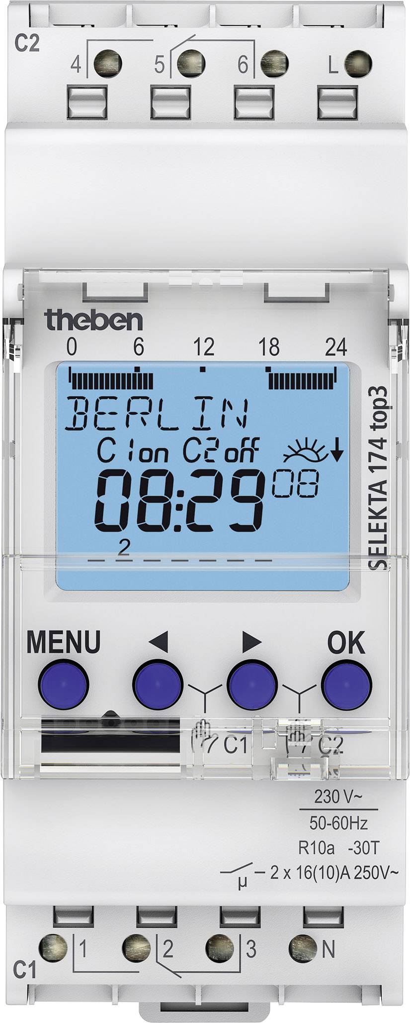 Cyfrowy zegar sterujący z wyświetlaczem LCD, pokazujący aktualną godzinę '08:29:08', dzień 'Berlin' oraz dwie opcje sterowania 'C2on' i 'C2off'.