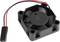 Czarny plastikowy wentylator z czerwonymi i czarnymi przewodami, czterema łopatkami i prostokątną obudową. Stosowany do chłodzenia w elektronice.