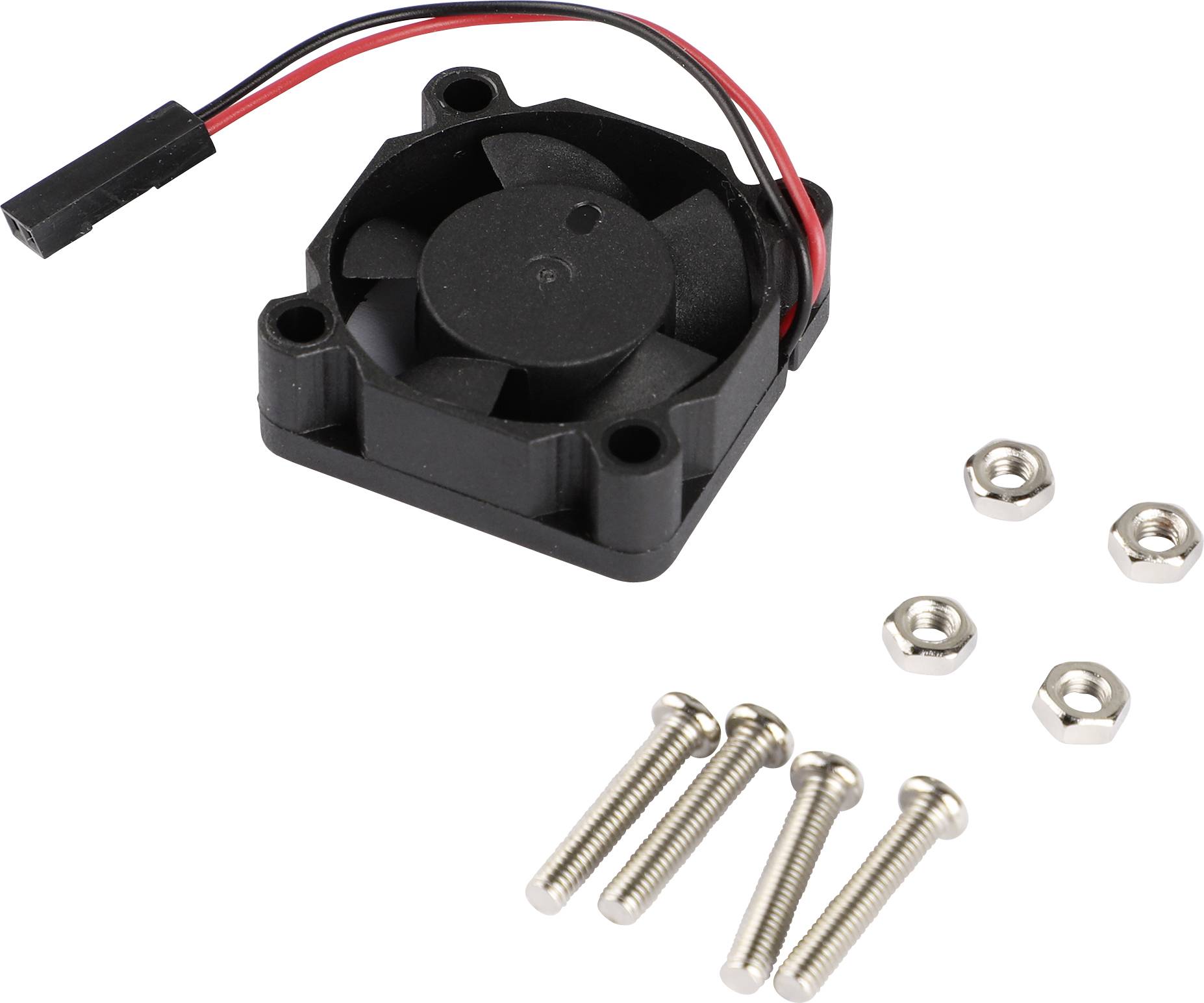 Mały czarny wentylator z czerwonym i czarnym przewodem, obok którego leżą cztery śruby i cztery nakrętki.