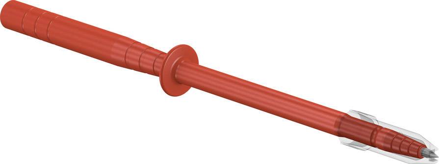 Czerwony długopis z przezroczystą nasadką, leżący na pochyłej powierzchni.