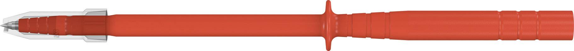 Czerwony długopis z przezroczystym nasadką, ułożony w poziomie.