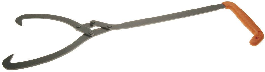 Metalowy chwytak do drewna z dwoma hakami do podnoszenia ciężkich pni drzew. Uchwyt w jaskrawym pomarańczowym kolorze dla lepszej widoczności.