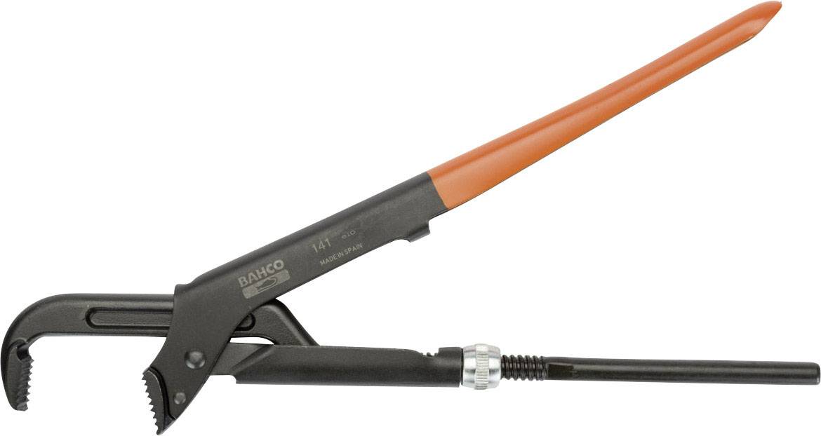 Szczypce nastawne z długą, pomarańczową rękojeścią i regulowaną szczęką, odpowiednie do prac przy rurach i armaturze.