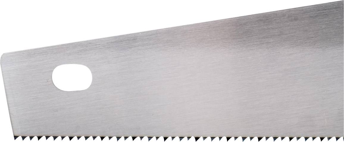 Fragment metalowej piły o ząbkowanej krawędzi z owalnym otworem do mocowania.