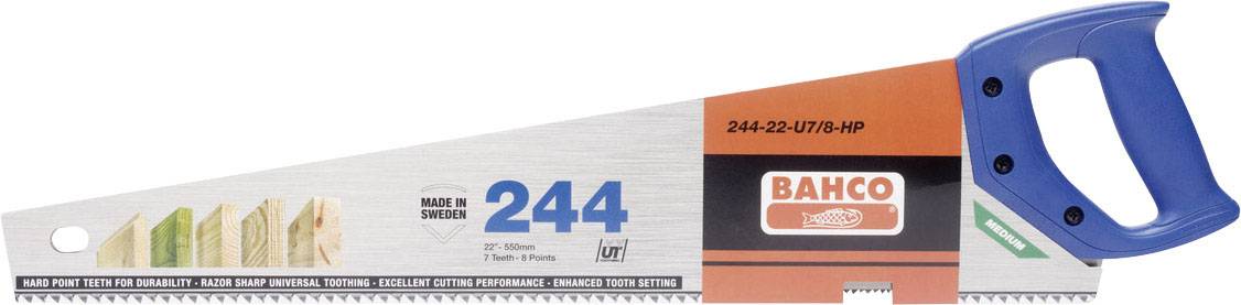 Ręczna piła do drewna z niebieskim uchwytem i srebrnym ostrzem. Napis 'BAHCO' i '244'.