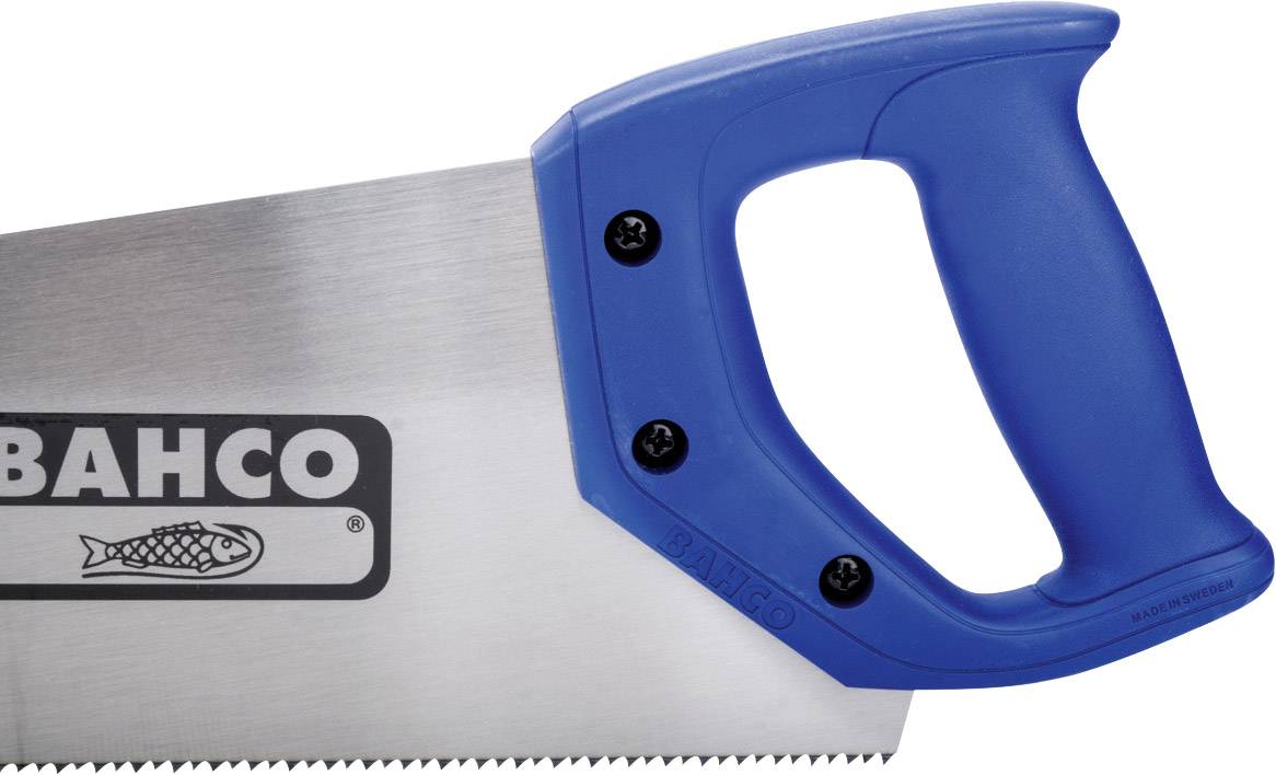 Piła ręczna z niebieskim uchwytem, srebrnym ostrzem i logo 'Bahco'.
