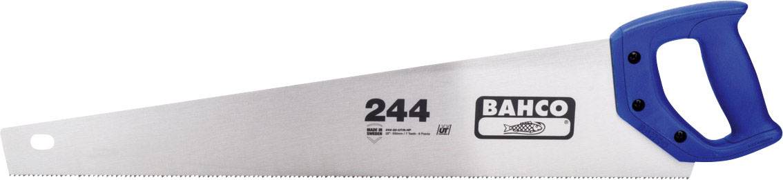 Piła ręczna z niebieskim uchwytem z napisem 'BAHCO 244', odpowiednia do prac stolarskich.