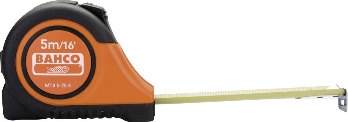 Pomarańczowa plastikowa miara zwijana o długości 5 metrów z napisem '5m/16' BAHCO'. Idealna do precyzyjnych pomiarów.