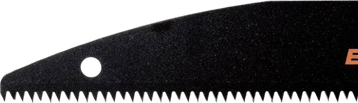 Zbliżenie czarnej piły o ostrych zębach. Po lewej stronie widać małą dziurkę, która prawdopodobnie służy do mocowania.