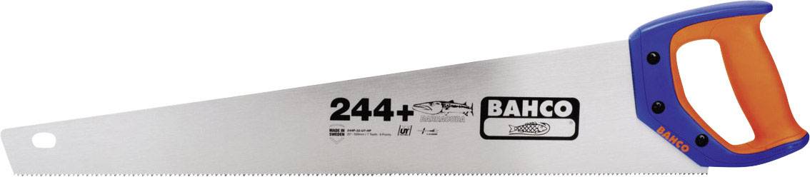 Ręczna piła z niebieskim uchwytem i pomarańczowym końcem rękojeści, nazwa firmy 'Bahco' i numer modelu '244' na ostrzu.