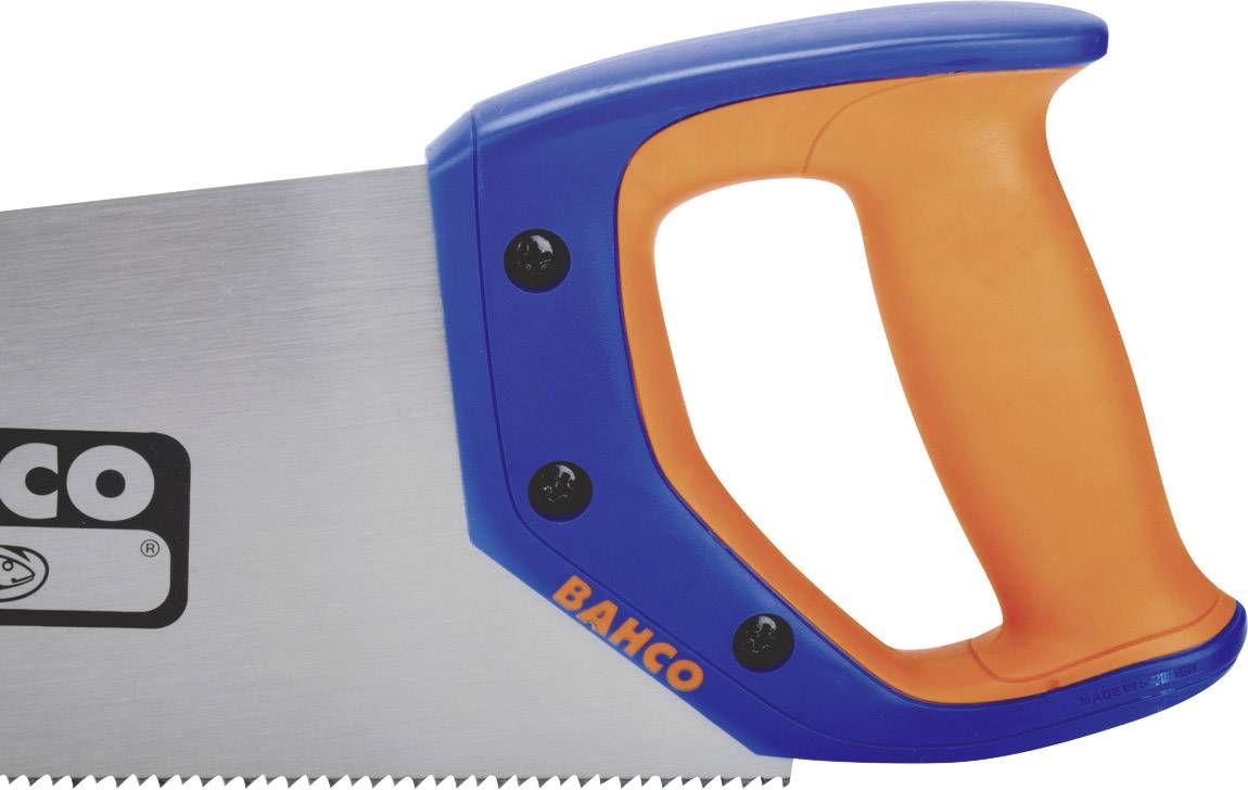 Piła ręczna z niebieskim uchwytem i pomarańczową strefą chwytu.