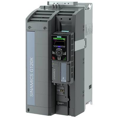 Szary falownik marki Siemens z oznaczeniem modelu 'SINAMICS G120X'. Posiada cyfrowy wyświetlacz.