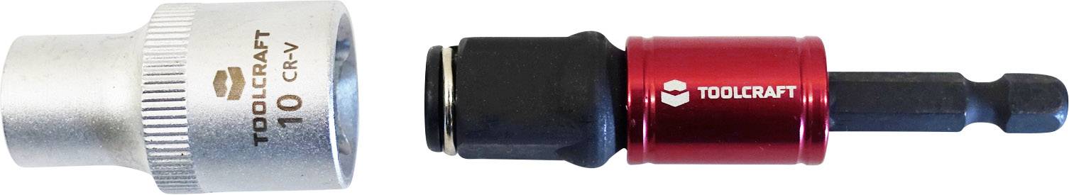 Adapter nasadki z szarą nasadką 10 CR-V po lewej stronie i czerwono-czarnym adapterem po prawej stronie; oznaczony logo 'TOOLCRAFT'.