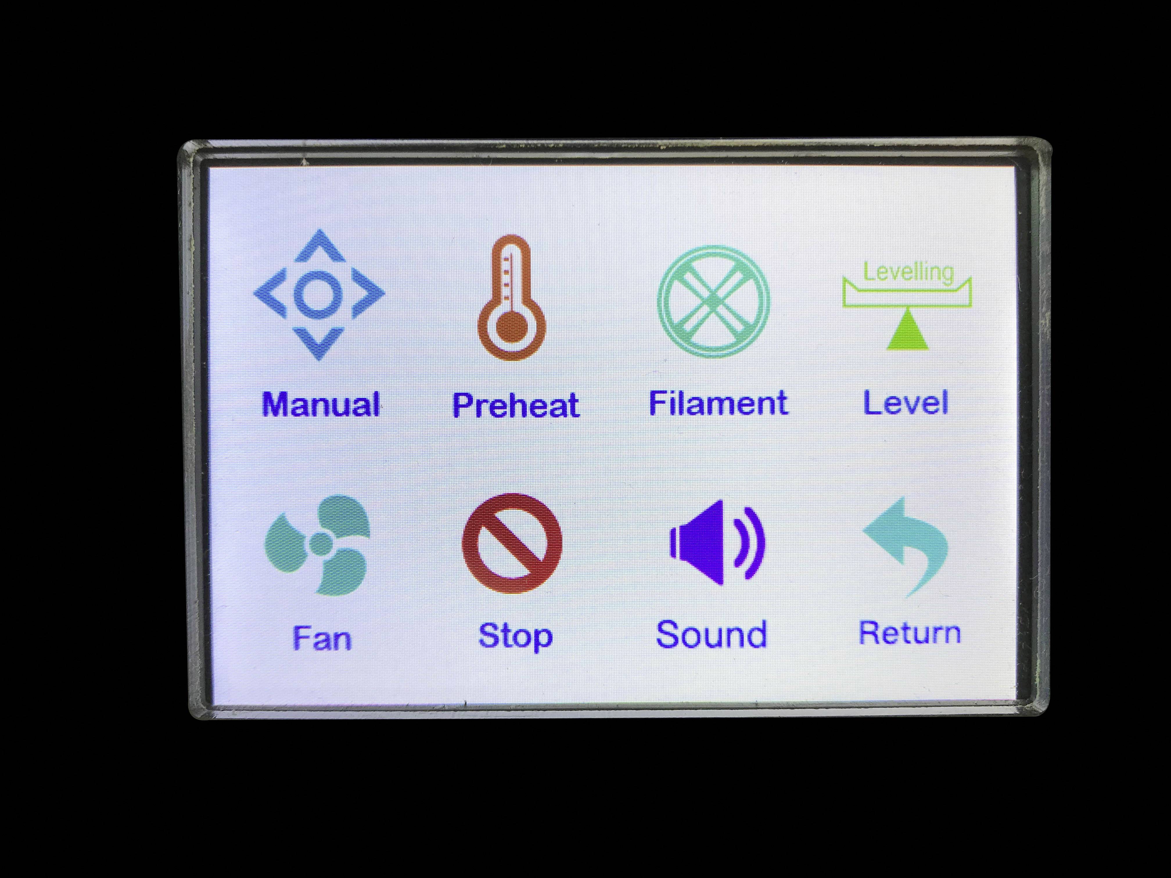 Ekran z symbolami: 'Ręcznie', 'Podgrzewanie', 'Filament', 'Poziomowanie', 'Wentylator', 'Stop', 'Dźwięk', 'Wstecz'.