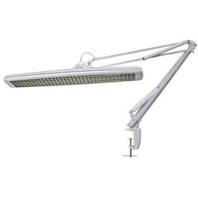 Lampa biurkowa z długim ramieniem, prostokątnym kloszem i regulowanym ramieniem, mocowana do blatu za pomocą zacisku. Idealna do precyzyjnego oświetlenia.