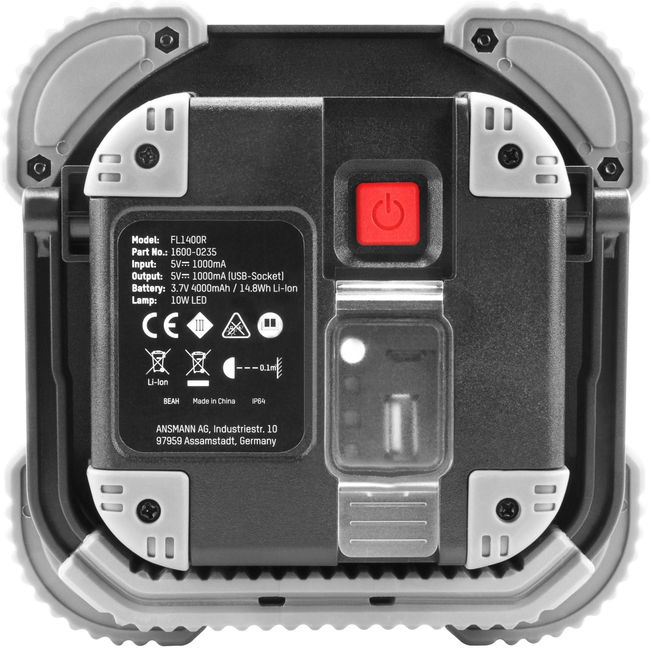 Tylna strona przenośnej lampy z etykietą techniczną. Zawiera oznaczenie modelu, parametry techniczne oraz miejsce produkcji.