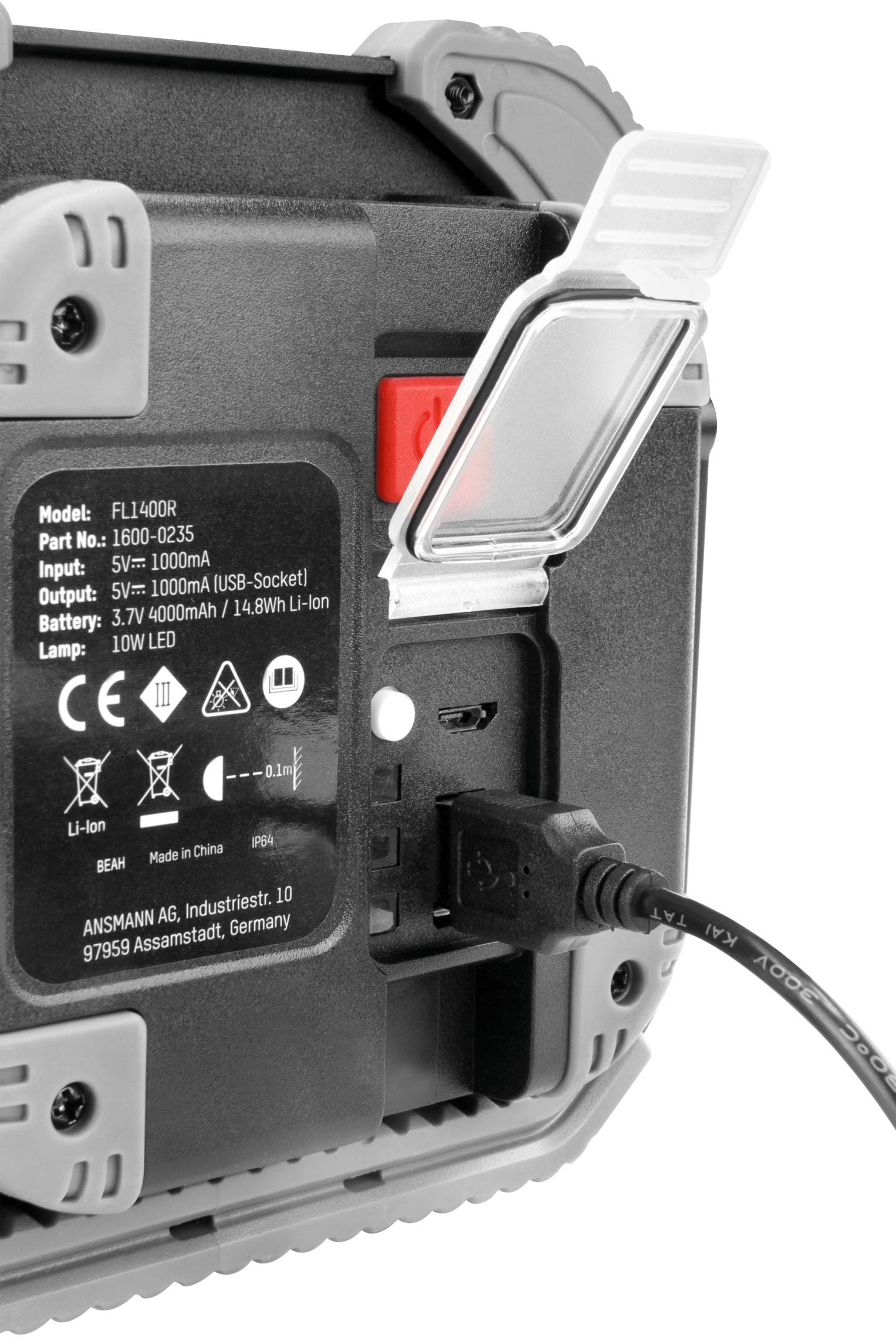 Tylna strona przenośnego urządzenia z gniazdem USB oraz oznakowaniem modelu FL1400R, LED 10W, i informacjami producenta.