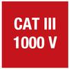 Napis 'CAT III 1000 V' jest wyświetlany czarną czcionką na szarym tle.