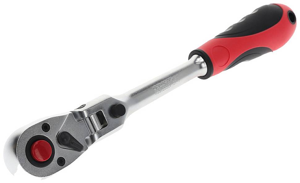 Grzechotka z ergonomicznym uchwytem w czarno-czerwonym kolorze. Idealna do dokręcania lub odkręcania śrub i nakrętek w trudno dostępnych miejscach.