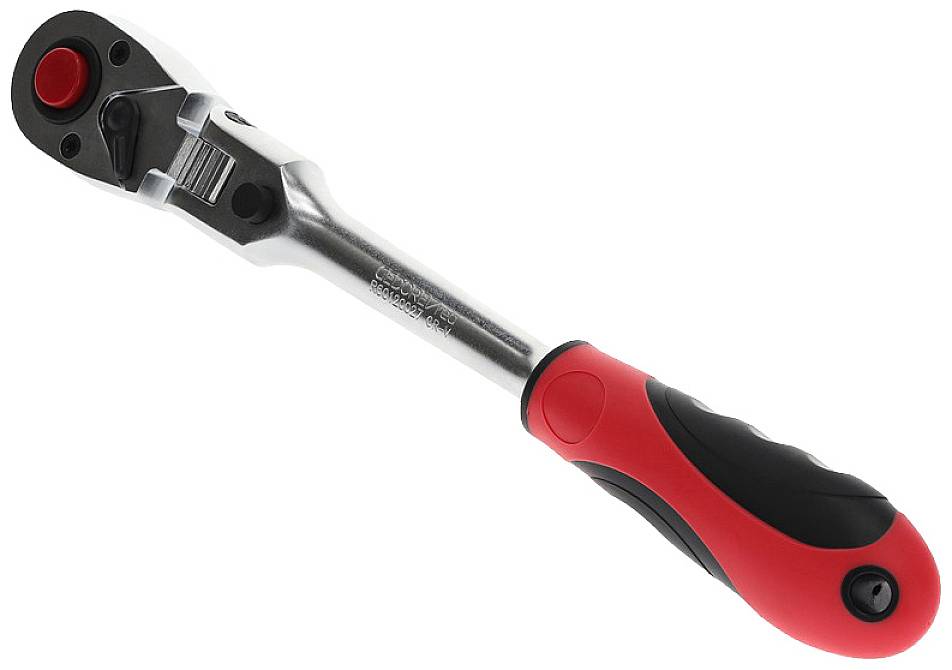 Grzechotka z czerwonym i czarnym uchwytem, przydatna do dokręcania i odkręcania śrub z mechanizmem zapadkowym.