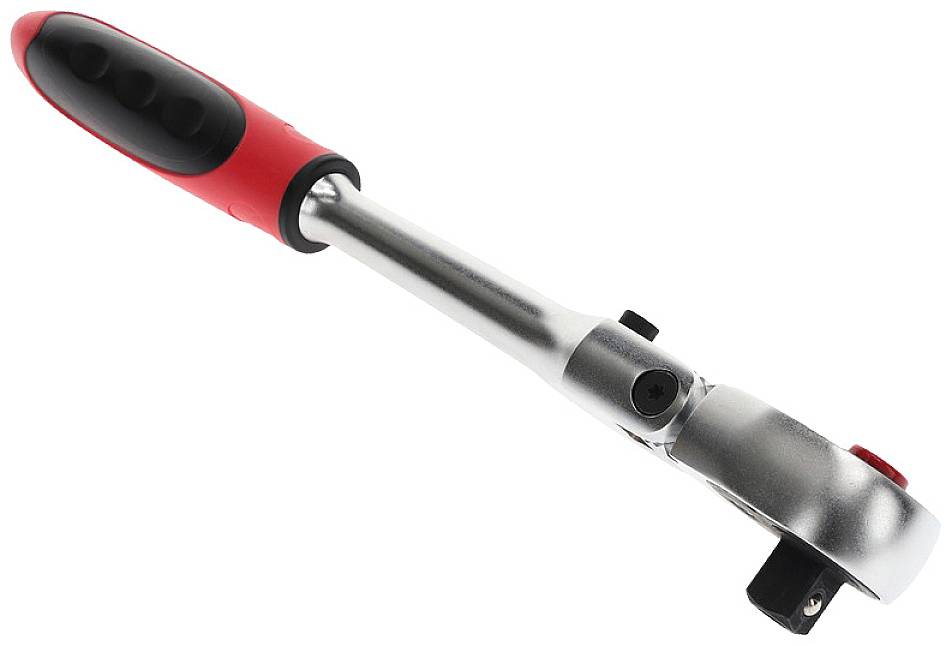 Grzechotka z czerwoną i czarną rękojeścią, wykonana z metalu, do obsługi połączeń śrubowych.