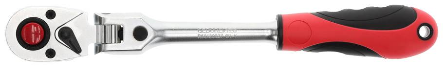 Klucz z grzechotką z czerwonym i czarnym uchwytem, prezentujący mechanizm narzędzia i jego nowoczesny ergonomiczny design.