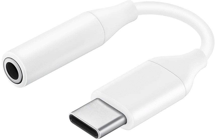 Biały adapter z wtyczką USB-C i gniazdem słuchawkowym 3,5 mm. Idealny do podłączania słuchawek do urządzeń pozbawionych złącza słuchawkowego.