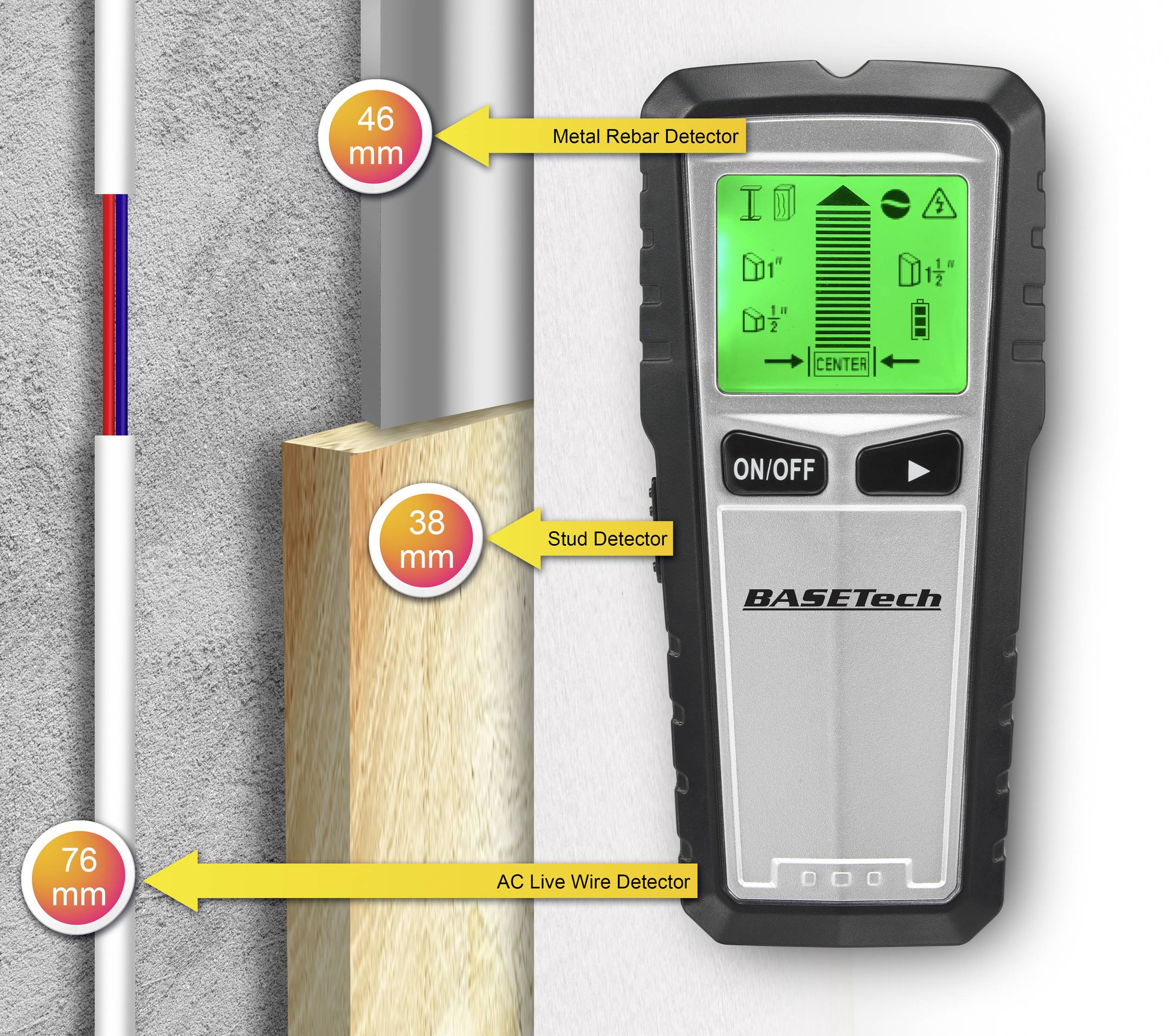 Detektor wskazuje odległości do zbrojenia metalowego (46 mm), belki (38 mm) oraz przewodu elektrycznego (76 mm) na ścienie.