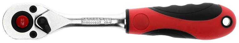 Czerwono-czarny metalowo-plastikowy klucz zapadkowy, powszechnie stosowany do dokręcania śrub i nakrętek.