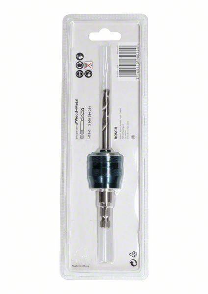 Uchwyt wiertarski z włożonym wiertłem jest przedstawiony w przezroczystym opakowaniu plastikowym.