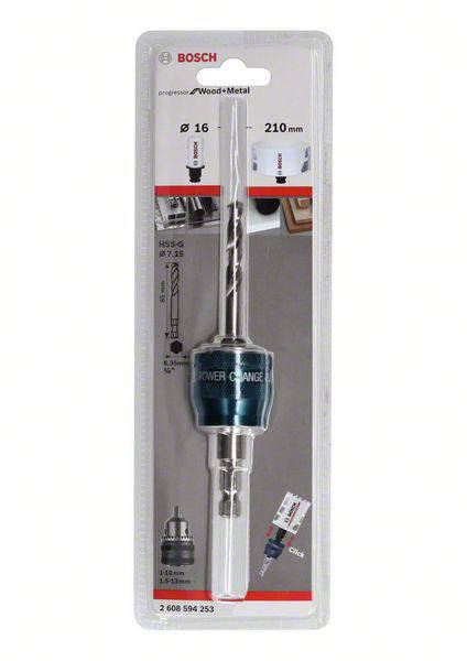 Zestaw wierteł Bosch, odpowiedni do drewna i metalu, o rozmiarze 16 mm, długości 210 mm. Zawiera wiertła i uchwyt.