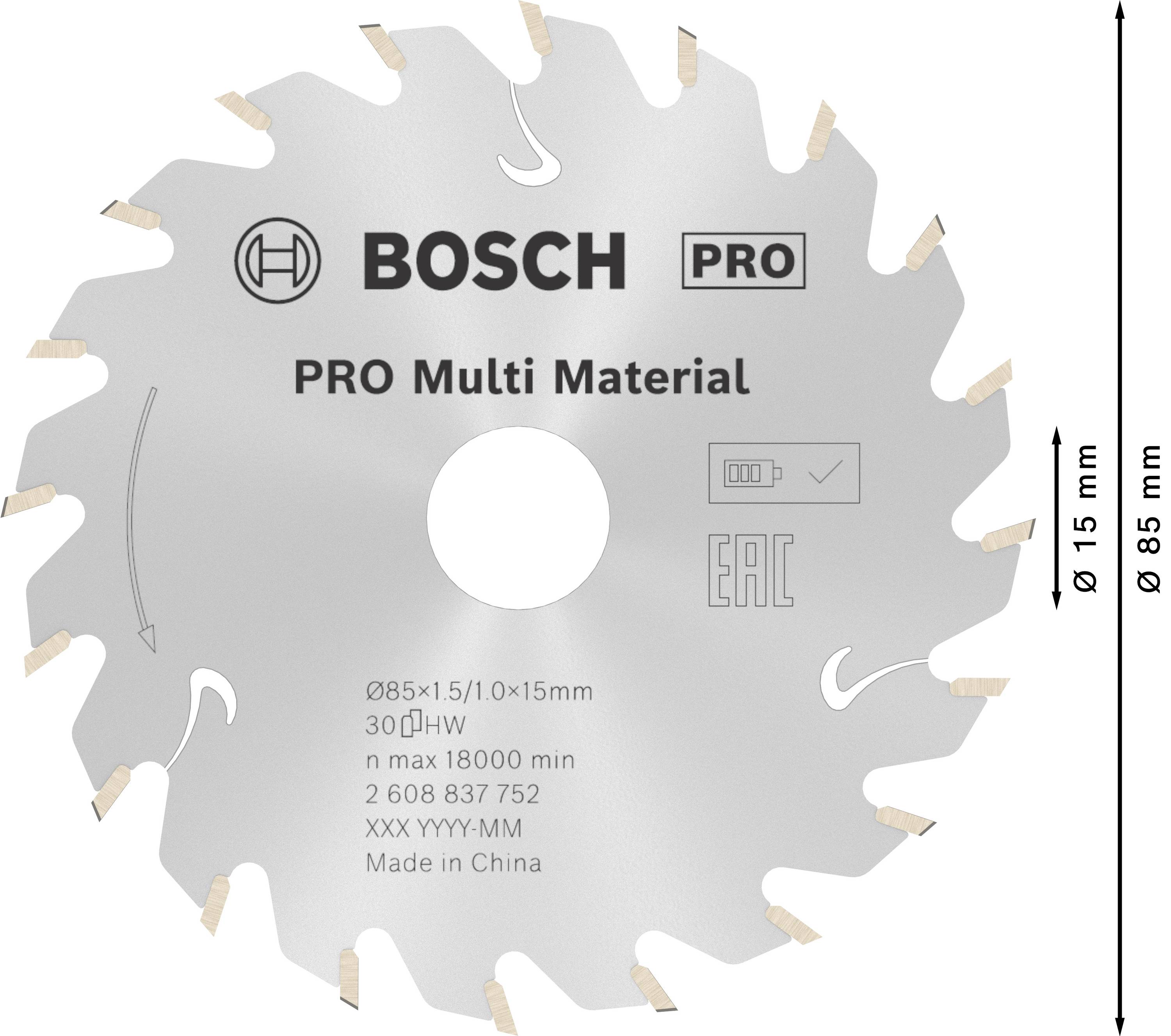 Piła tarczowa z napisem 'Bosch PRO Multi Material'. Średnica 85 mm, otwór mocujący 15 mm, maks. 18000 obr./min. Wyprodukowano w Chinach.