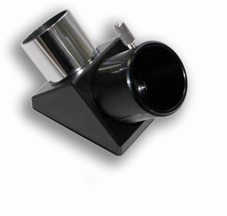 Czarno-białe pryzmaty diagonalne do teleskopu, z srebrnym cylindrem i czarną obudową, na białym tle.