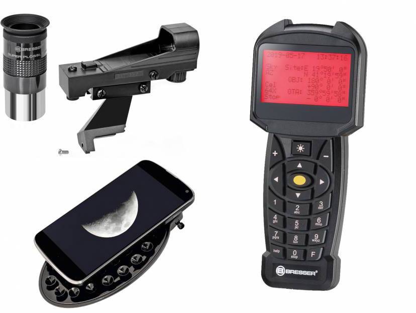 Zestaw akcesoriów teleskopowych z okularem, montażem, adapterem do smartfona z obrazem Księżyca oraz cyfrowym urządzeniem sterującym z czerwonym wyświetlaczem.