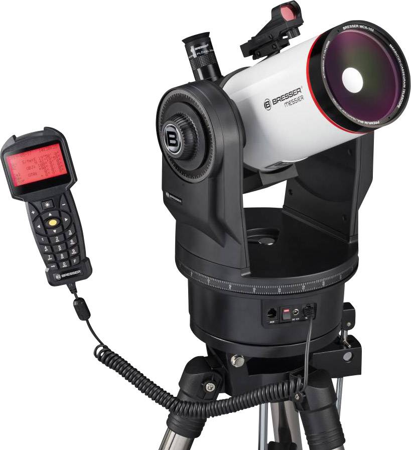 Komputerowo sterowany teleskop na statywie, wyposażony w konsolę sterującą, idealny do obserwacji obiektów astronomicznych.