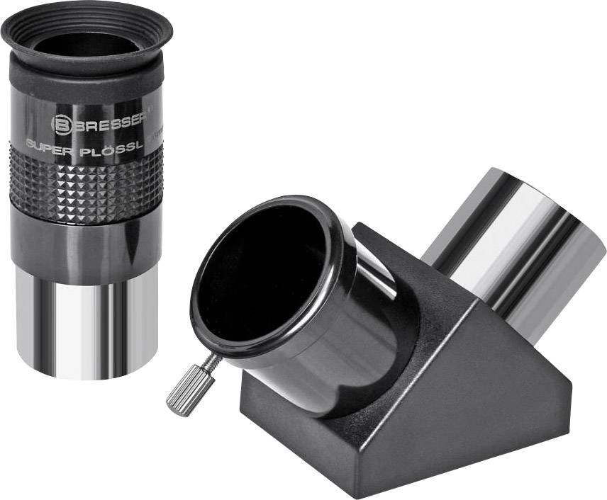Okular i lustro zenitu do teleskopów; okular ma nadruk 'Bresser Super Plössl'.