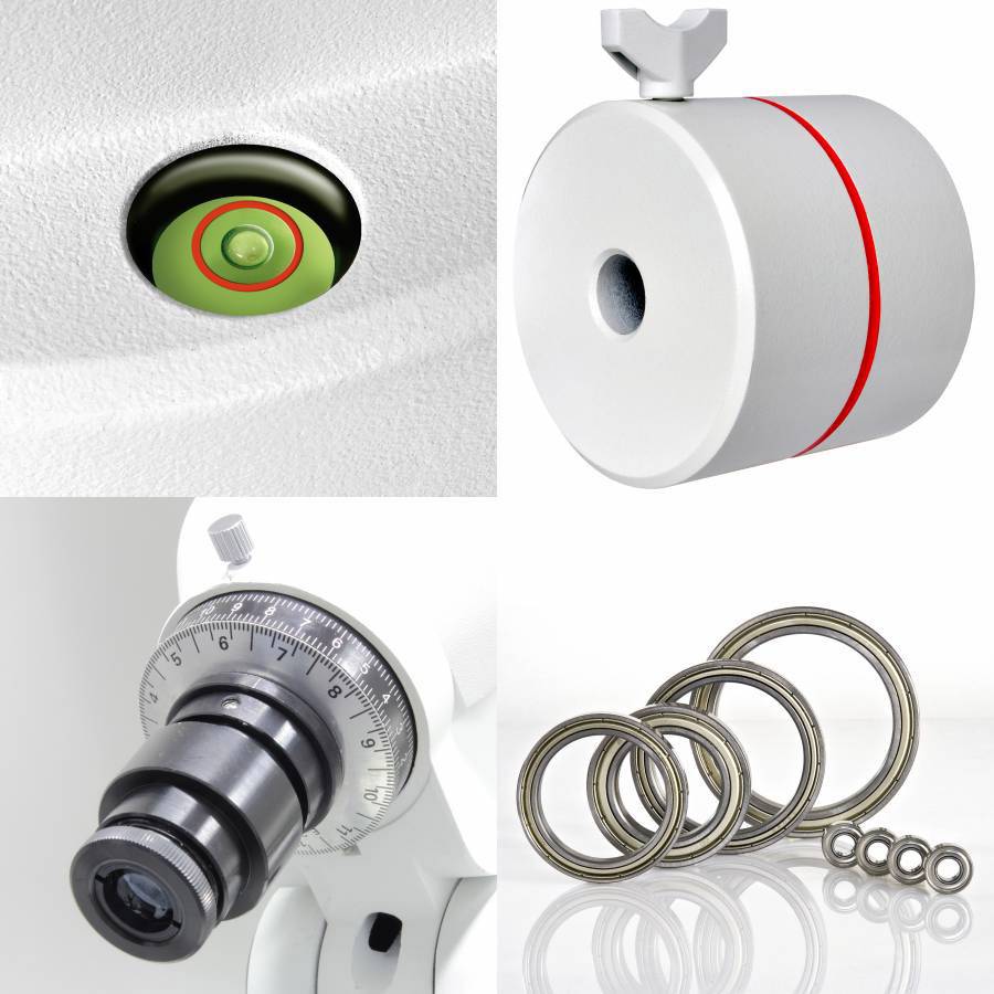 Różne precyzyjne instrumenty i akcesoria: poziomnica, urządzenie optyczne, łożysko kulkowe i cylinder pomiarowy z czerwoną linią.