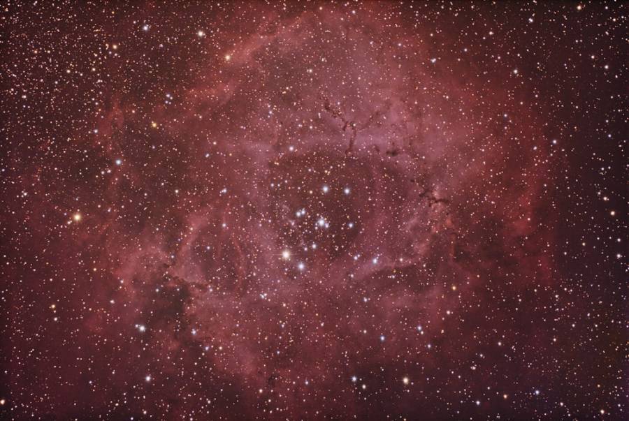 Mgławica Rozety na nocnym niebie, świecąca na czerwono z licznymi migoczącymi gwiazdami. Mgławica ukazuje strukturę przypominającą kwiat.