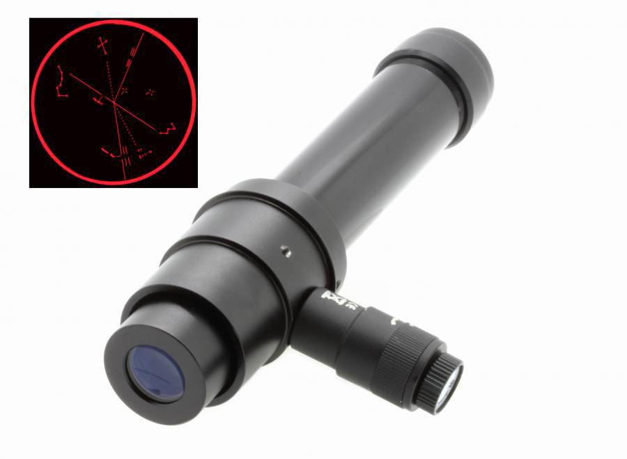 Czarny teleskop z czerwonym celownikiem krzyżowym w okularze do obserwacji astronomicznych.