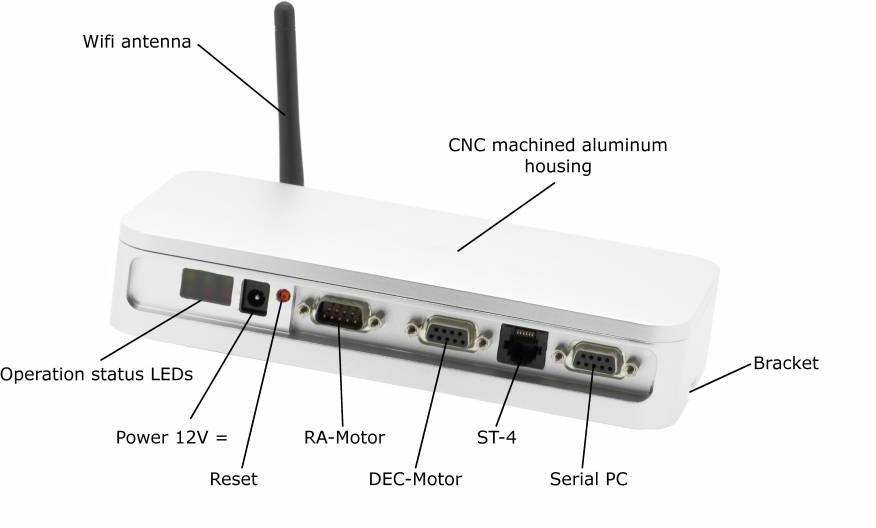 Obudowa elektroniczna z gniazdami do podłączenia WiFi, zasilania, silników oraz interfejsu szeregowego. Oznaczenia wskazują poszczególne komponenty.
