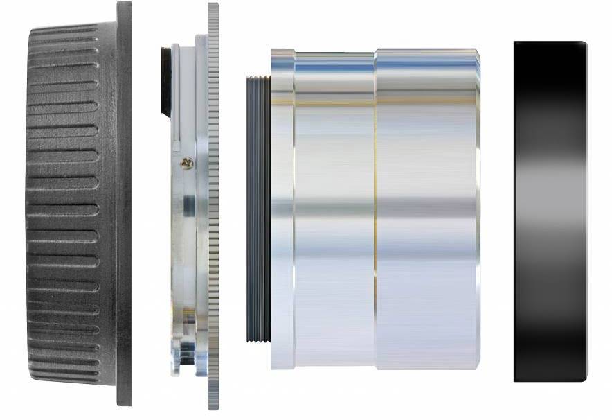 Rysunek przedstawiający rozebrany obiektyw aparatu fotograficznego z nasadkami na soczewki, ukazujący wewnętrzne komponenty i budowę obiektywu.