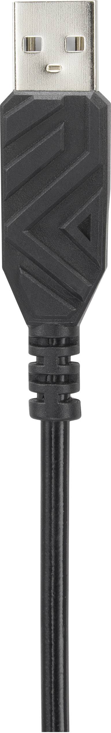 Czarny kabel USB z prostokątną metalową wtyczką; element przyłączeniowy urządzenia elektronicznego.