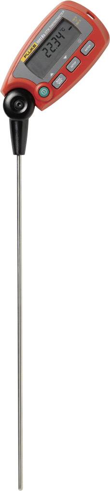 Cyfrowy termometr kuchenny z czerwoną obudową i długą metalową sondą wskazuje 22,9°C. Nadaje się do pomiaru temperatury wewnętrznej potraw.